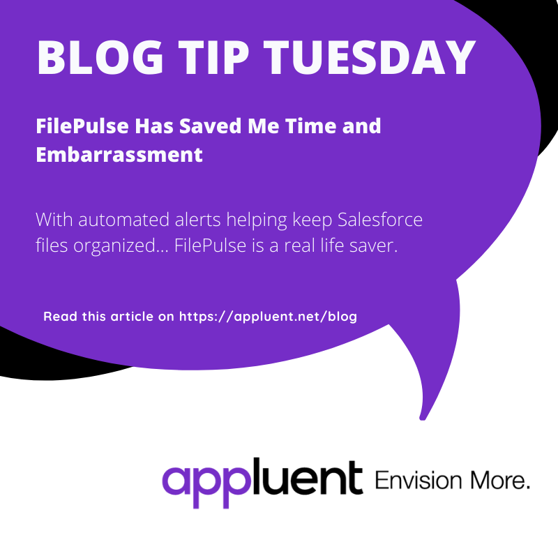 appluent's tweet photo. #FilePulse is a #Salesforce app designed to help you manage your files with automated alerts. Read how our new team member has been so quick to adopt the app and make file management easier!

https://t.co/Uysy7E1hv6 

#Blog #BlogTipTuesday #CLM https://t.co/QjwRvZiePM