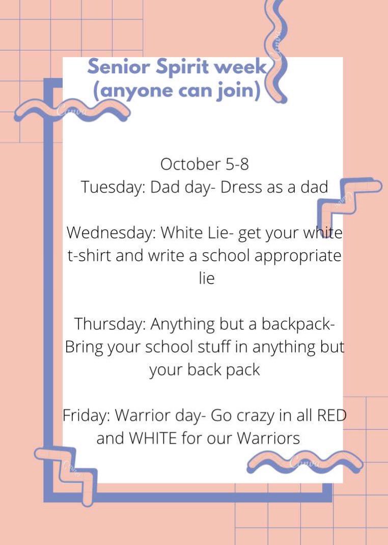 Spirit week for Tuesday Oct 5 - Friday October 8