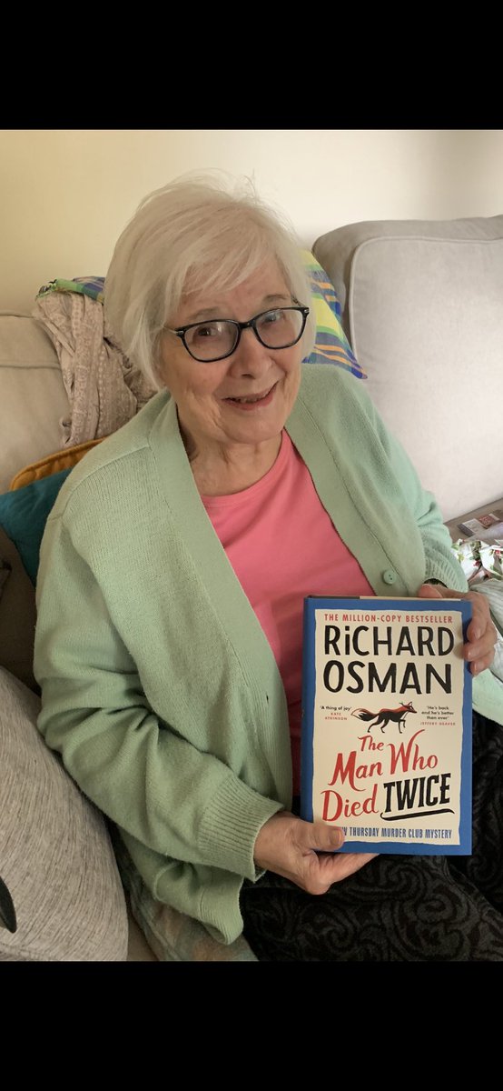 PhilCalvert's tweet photo. @richardosman My mum Brenda with the latest from her favourite author (plus a new haircut) https://t.co/3phHj0s5Jv
