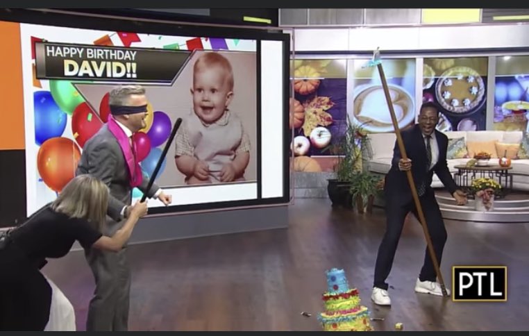 DavidHighfield's tweet photo. This screen grab is definitely the most dangerous part of my birthday celebration! Thank you to @KDKAHeather and @RonSmileyWx for their bravery! #pinatatime @PGHTodayLive https://t.co/eD0sMTEXPs