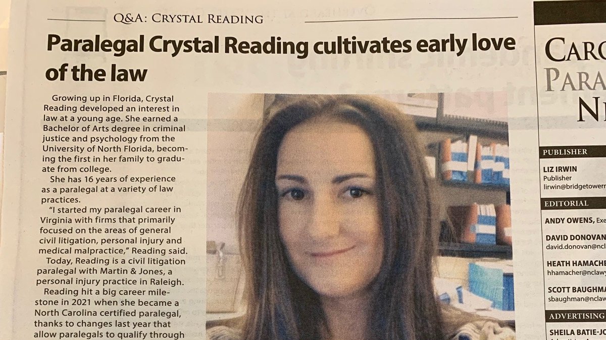 MartinandJones's tweet photo. Crystal Reading was featured in the September issue of Carolina Paralegal News!  So glad she's on our team!!
#crystalreading #martinandjones #carolinaparalegalnews https://t.co/E4Fgi4Lt8m
