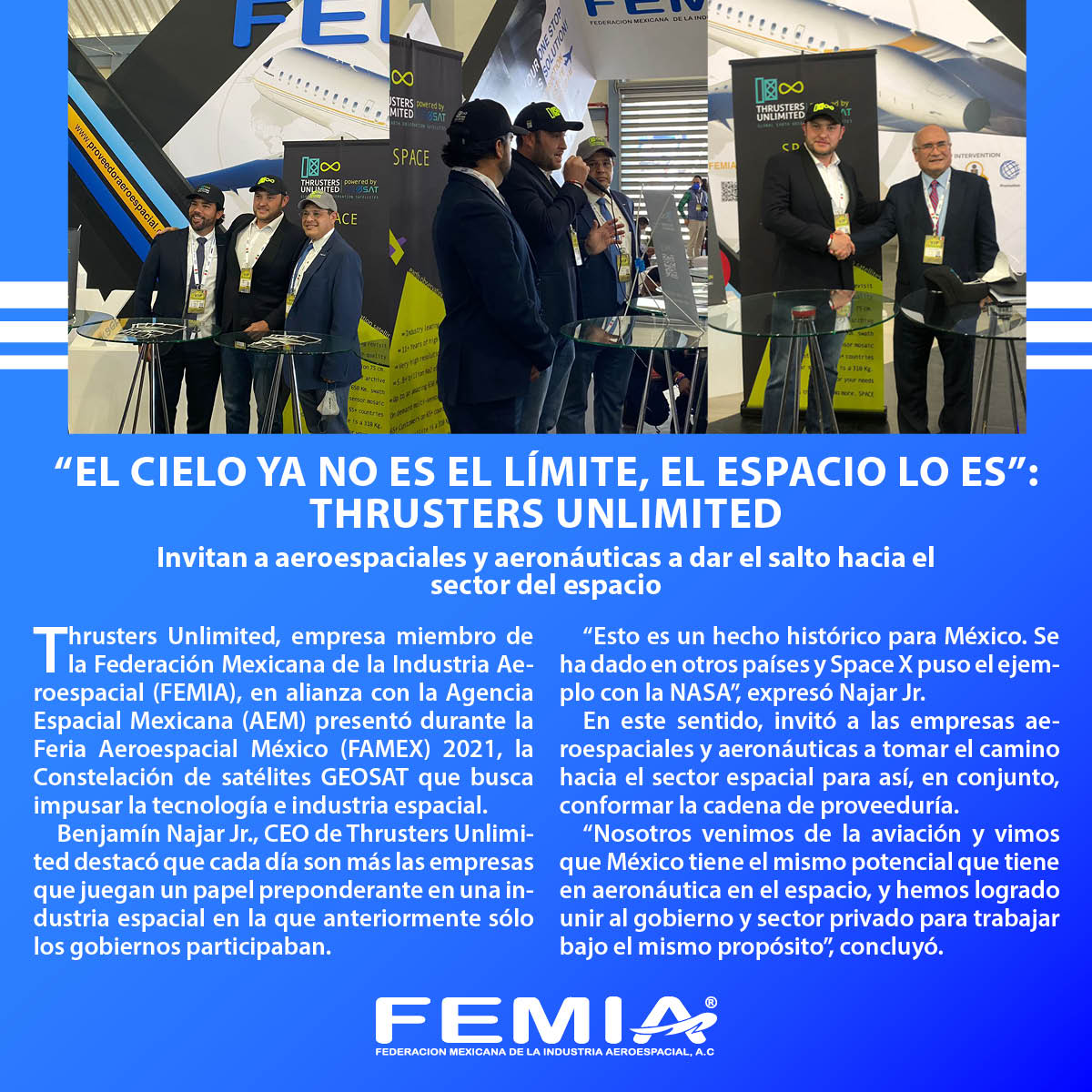 femia_news's tweet photo. #MexicoinSpace | La participación del sector privado en el espacio se fortalece. Thrusters Unlimited, empresa miembro de FEMIA, presentó la Constelación GEOSAT en alianza con la @AEM_mx, durante FAMEX 2021.

#Femia @FAMEXTweet #InvestInMexico #ProveedorAeroespacial #MexicoinSpace https://t.co/4j18NknyJJ