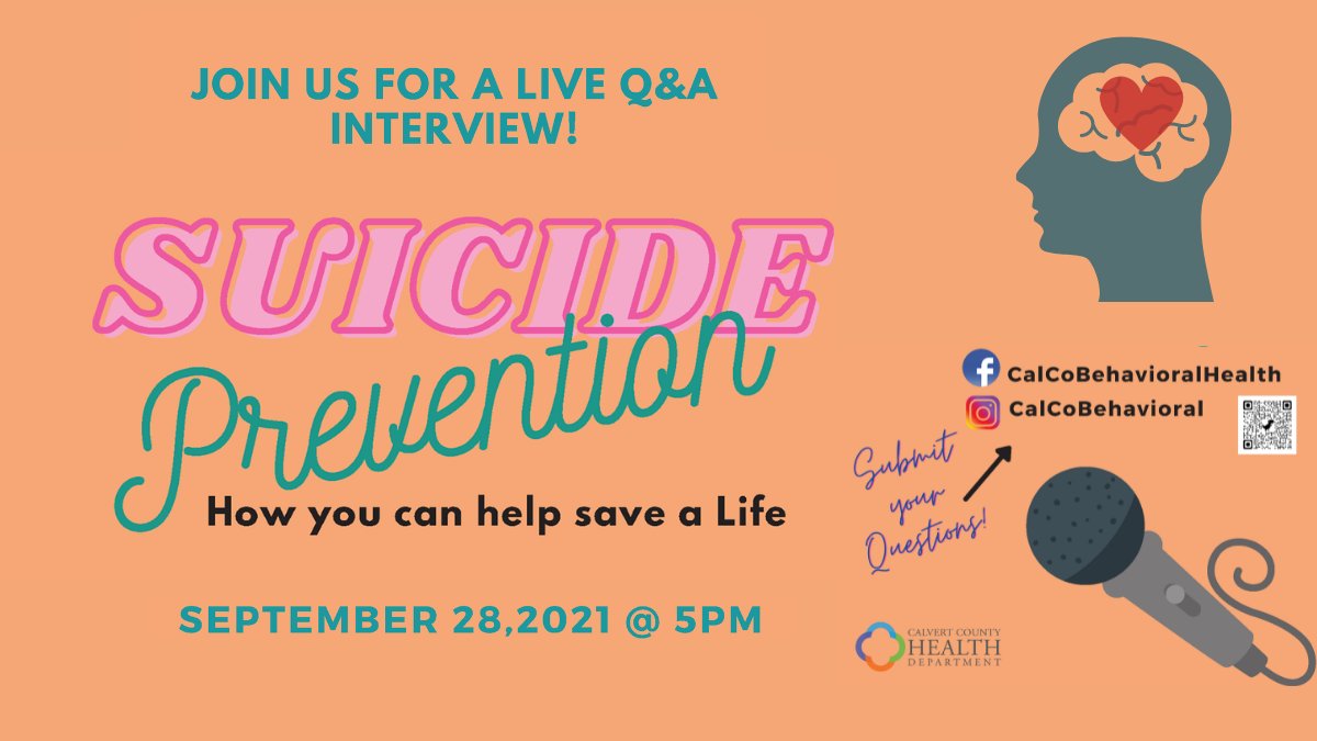 CalCoBehavioral's tweet photo. We're going live on Facebook this evening (9/28) at 5pm EST for a #SuicidePreventionMonth Q&amp;A! Connect with others &amp; learn how to help save a life.

#calvertcountymd
#calcobehavioralhealth
#mentalhealth
#SuicideAwarenessMonth 
#safetalk
#mentalhealthfirstaid https://t.co/IBui0bbKF3