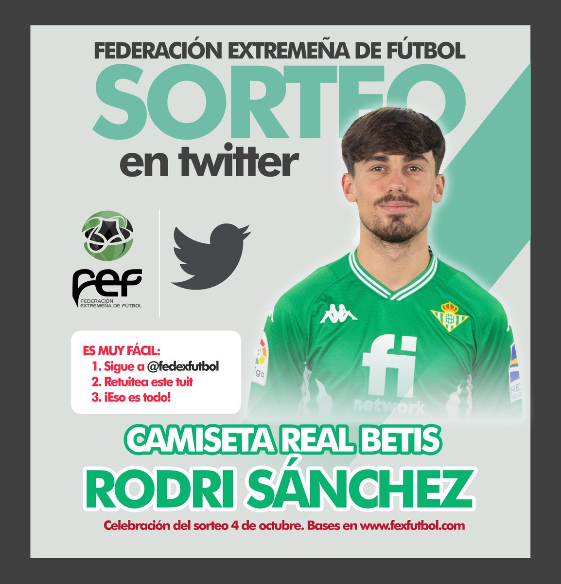 🎲¡SORTEO! ✅Sigue a <a href="/FedExFutbol/">Fexfutbol</a>, 🔁Retuitea este tuit y hazte con 1 CAMISETA de <a href="/rodrisanchez_10/">Rodri Sánchez</a>, el extremeño del <a href="/RealBetis/">Real Betis Balompié 🌴💚</a>🟢⚪ | 🙈¡ASÍ DE FÁCIL! | 📱Participa hasta el 4 de octubre #SorteosFEXF🎁