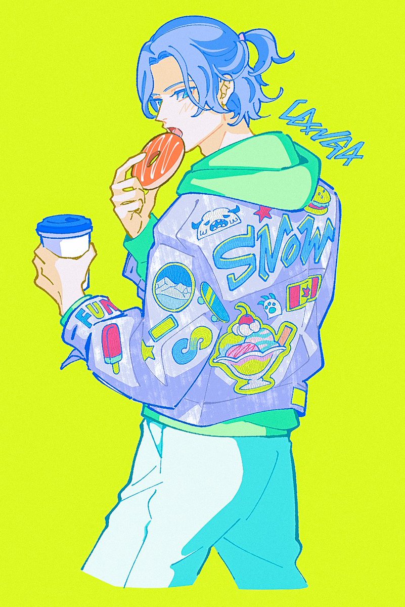 1boy male focus doughnut cup food hood solo  illustration images