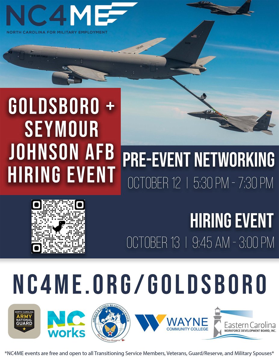 ncworkforce's tweet photo. Transitioning Service Members, #Veterans, Guard/Reserve &amp; Military Spouses: register by Oct. 1 for the @NC4MilEmploy + Seymour Johnson AFB hiring event, so you can get pre-matched with employers! Learn more at https://t.co/C442Mo1ucL 
#NCWorks @ECWDB @wayneccnc @NC4VETS https://t.co/fQlyb5jjec