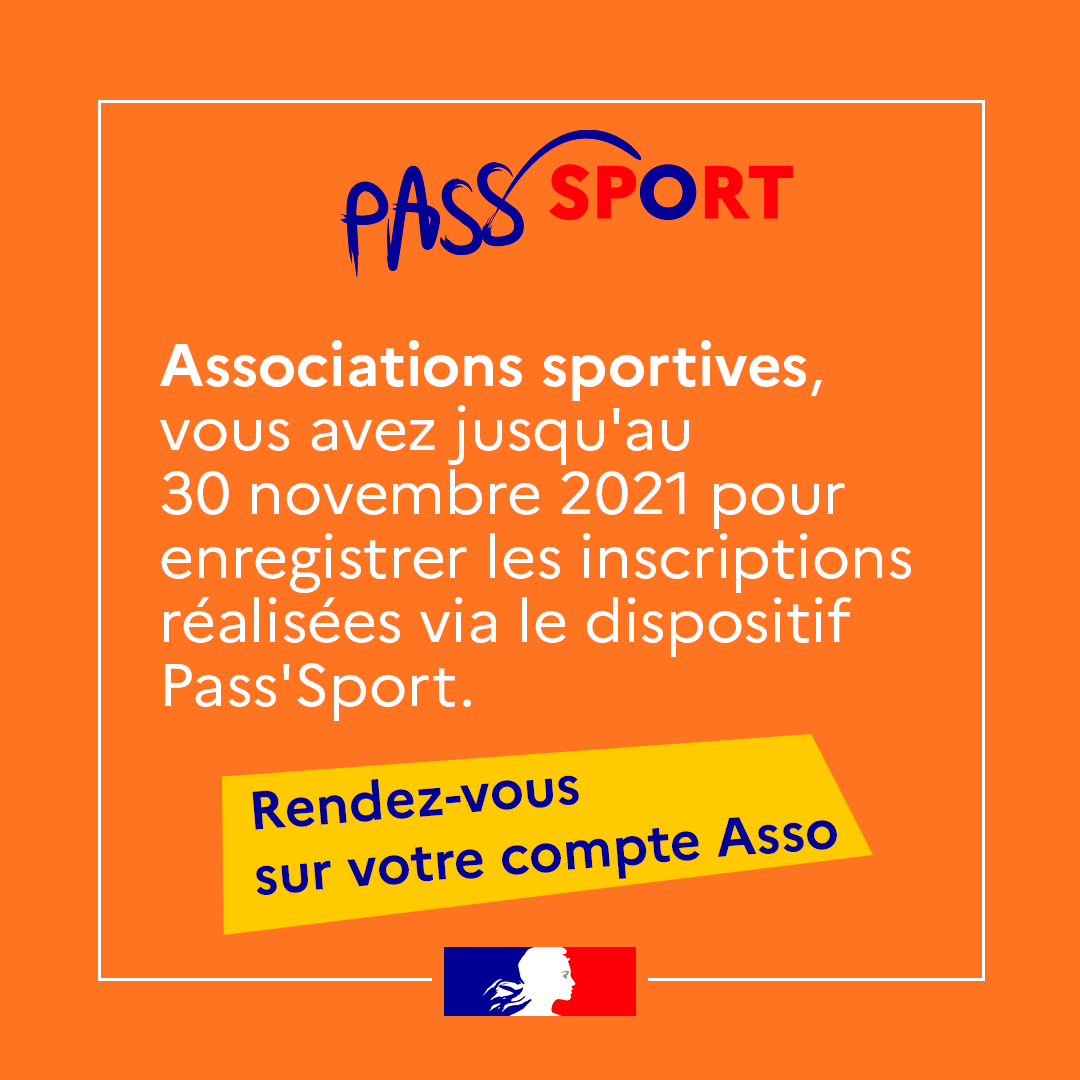 Associations sportives, rendez-vous sur votre compte Asso 💻 vous avez jusqu'au 30 novembre 2021 pour enregistrer les inscriptions réalisées via le dispositif #PassSport 🏀 sports.gouv.fr/pass-sport/