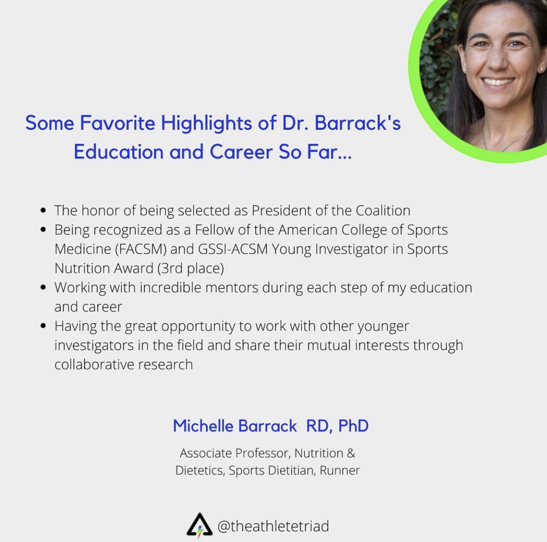 TheAthleteTriad's tweet photo. 🎉 Announcement! We are excited to introduce the Female and Male Athlete Triad Coalition’s new president, Dr. Michelle Barrack @MBarrackRD Associate Professor of Nutrition and Dietetics at California State University Long Beach. https://t.co/6oU8SJNiR4