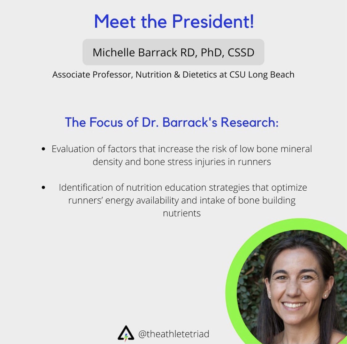 TheAthleteTriad's tweet photo. 🎉 Announcement! We are excited to introduce the Female and Male Athlete Triad Coalition’s new president, Dr. Michelle Barrack @MBarrackRD Associate Professor of Nutrition and Dietetics at California State University Long Beach. https://t.co/6oU8SJNiR4