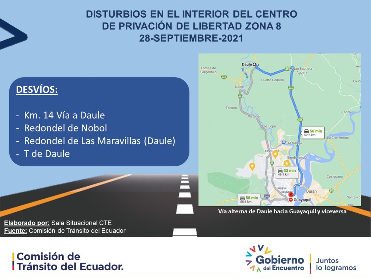 CTEcuador's tweet photo. Atención: 🚔Desvíos realizados por motivo de disturbios en el interior del Centro de Privación de Libertad Zona 8🚔.
Noticia en desarrollo. https://t.co/uNVIfZriI6