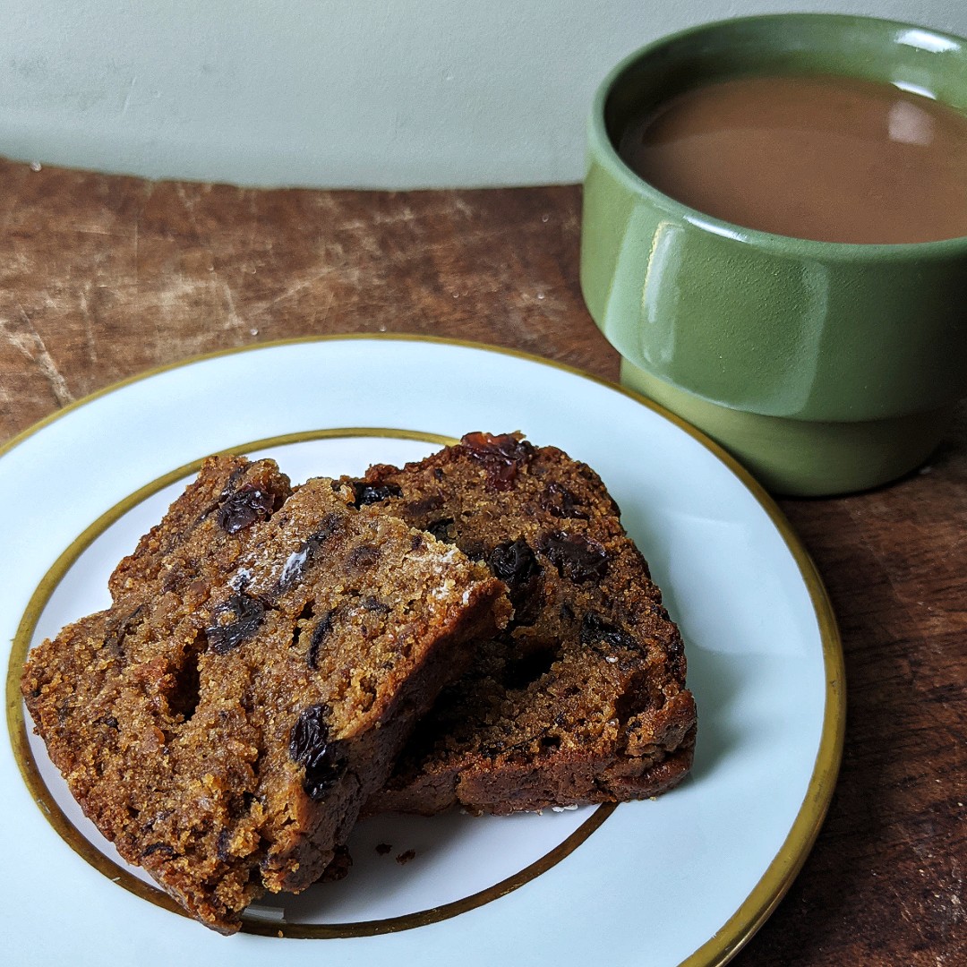 This wildly un-photogenic slice is "Prue's Sticky Date Cake" from The Vegetarian Kitchen (p.217). It's dark and squidgy, full of prunes, dates and raisins, and it's just heaven when thickly spread with cold, salted butter... #thevegetariankitchen