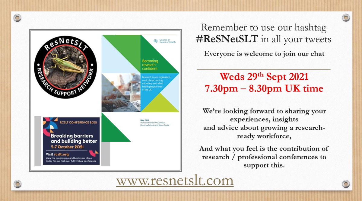 HazelRoddam1's tweet photo. #ReSNetSLT I'm thrilled to be leading this @ReSNetSLT tweetchat tomorrow eve https://t.co/CE6J9horOO Everyone is so welcome to join in, NO barriers at all to geography or discipline @WeAHPs @OfficialCAHPR @councilofdeans @RCSLTResearch @GivingVoiceUK @ESLAEurope @SLPhDNetwork https://t.co/tWnCc1PBz9