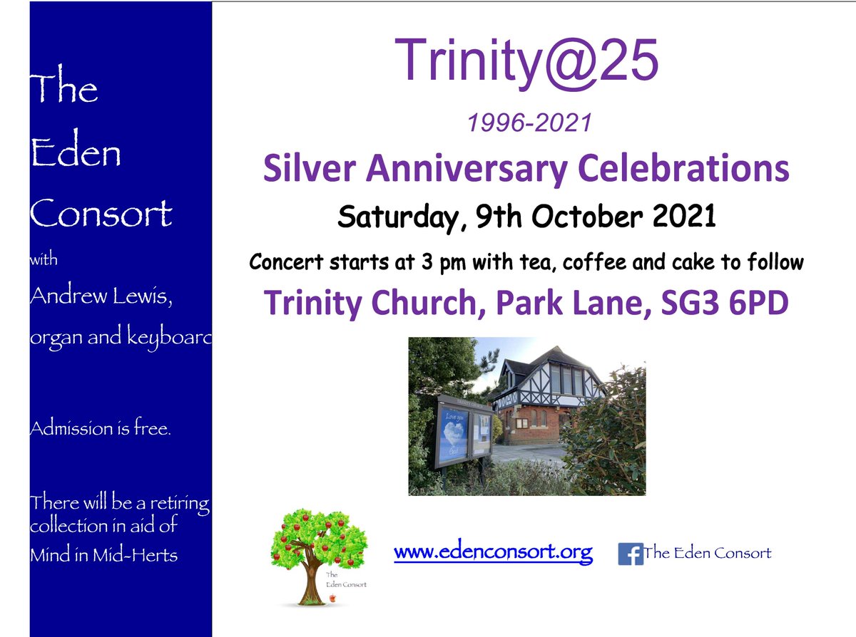 After the joy of singing once more in the Palladian Church last Saturday, we are thrilled to be giving another concert so soon, this time at Trinity Church in Knebworth, as part of their 25th anniversary celebrations!
This time, the tea and cake is provided, including gluten-free