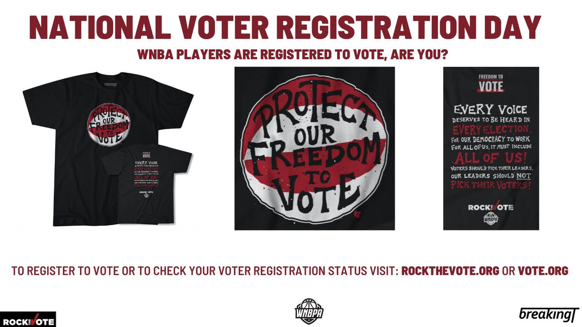 Today is #NationalVoterRegistrationDay WNBA Players are registered to vote, are YOU?! Visit RockTheVote.org or Vote.org to check your voter registration status or register to vote today!
