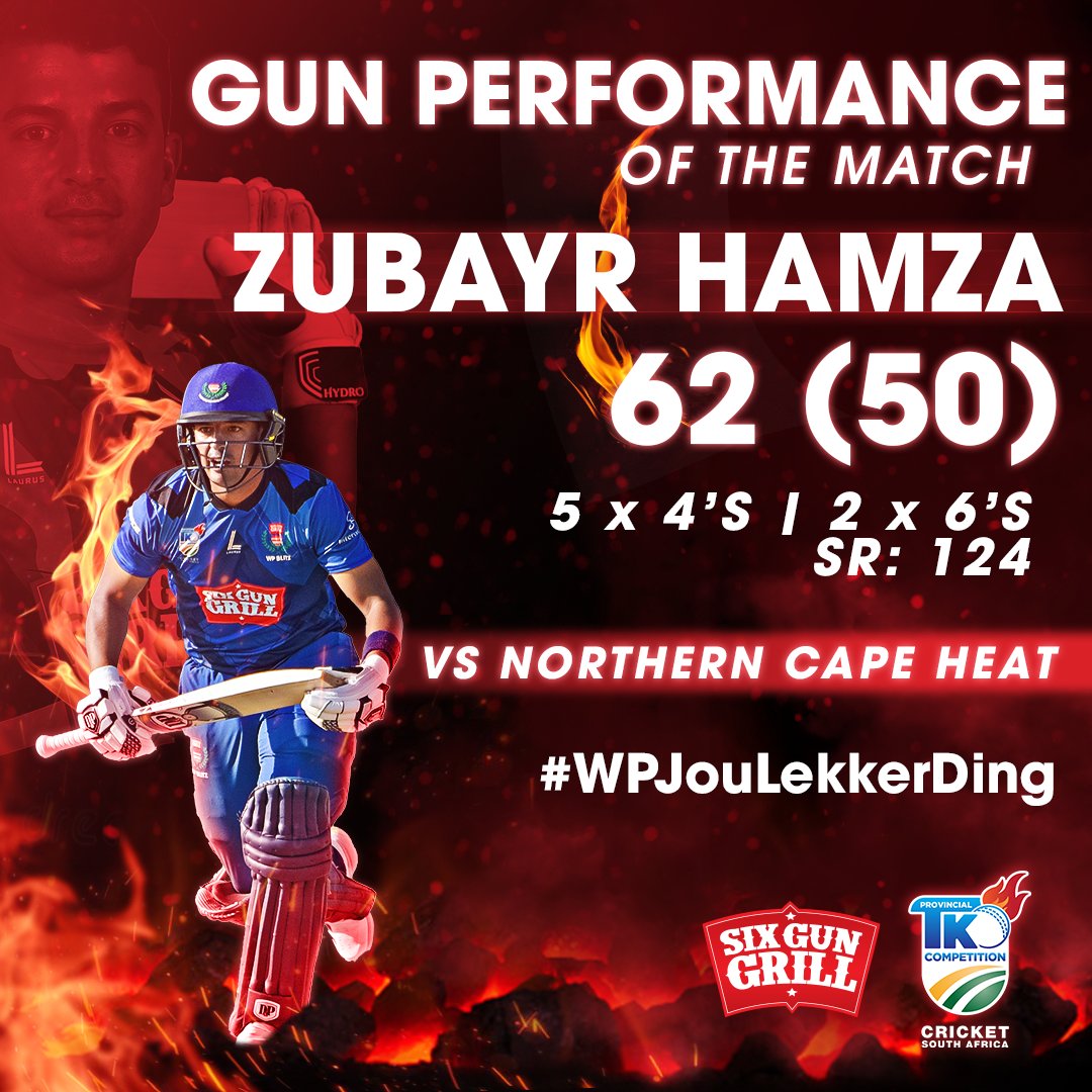 WP_Blitz's tweet image. .@Zuby_Hamza put in another Gun Performance at the top of the order against Northern Cape Heat to guide us into the quarter-finals and secure top spot in the Run Rush after the first round of Pool matches with 168 runs #GunPerformance #wpjoulekkerding 🔥🔥