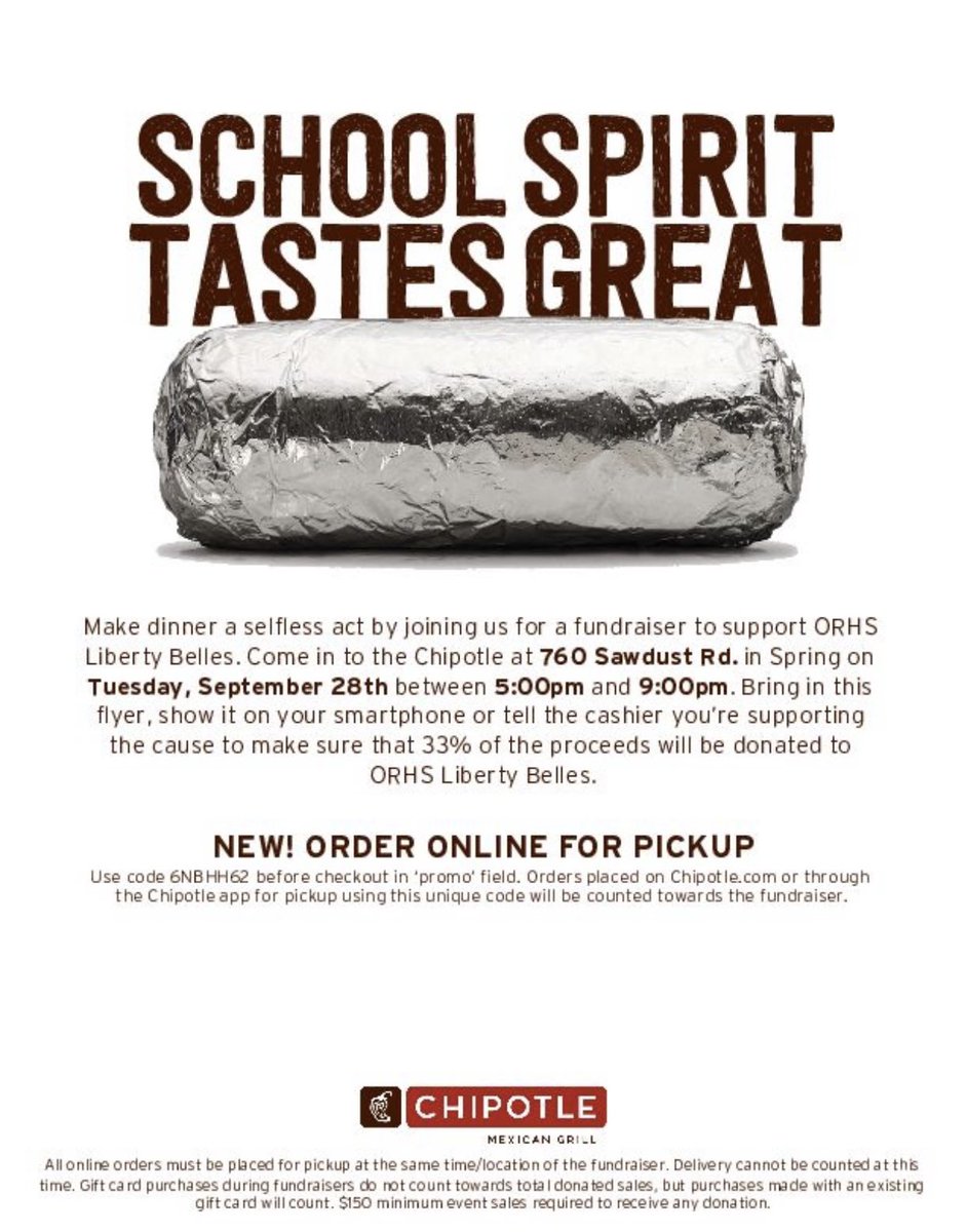 LBellesMsD's tweet photo. Please come out and support the ORHS Liberty Belles at Chipotle tonight from 5-9! https://t.co/NOiQqnMrSl