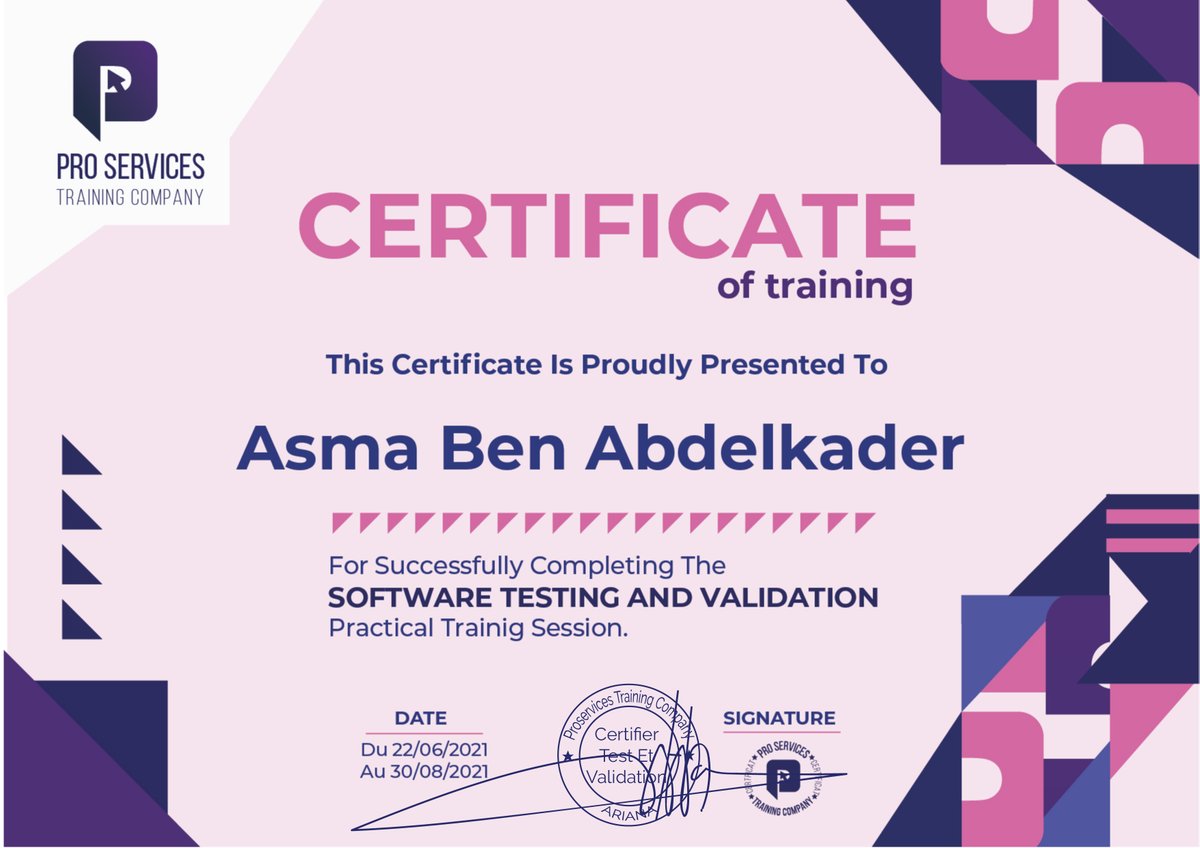 proservicetrai1's tweet image. 𝐟𝐨𝐫𝐦𝐚𝐭𝐢𝐨𝐧 effectuée avec succès!
Félicitations à tous nos candidats. #𝐏𝐫𝐨𝐬𝐞𝐫𝐯𝐢𝐜𝐞𝐬_𝐓𝐫𝐚𝐢𝐧𝐢𝐧𝐠_𝐂𝐨𝐦𝐩𝐚𝐧𝐲 vous souhaite un excellent parcours professionnel.
 +216 58 98 56 08
#Certificate_of_Training #Test_et_Validation #Testeur #Succès #IT #Technology