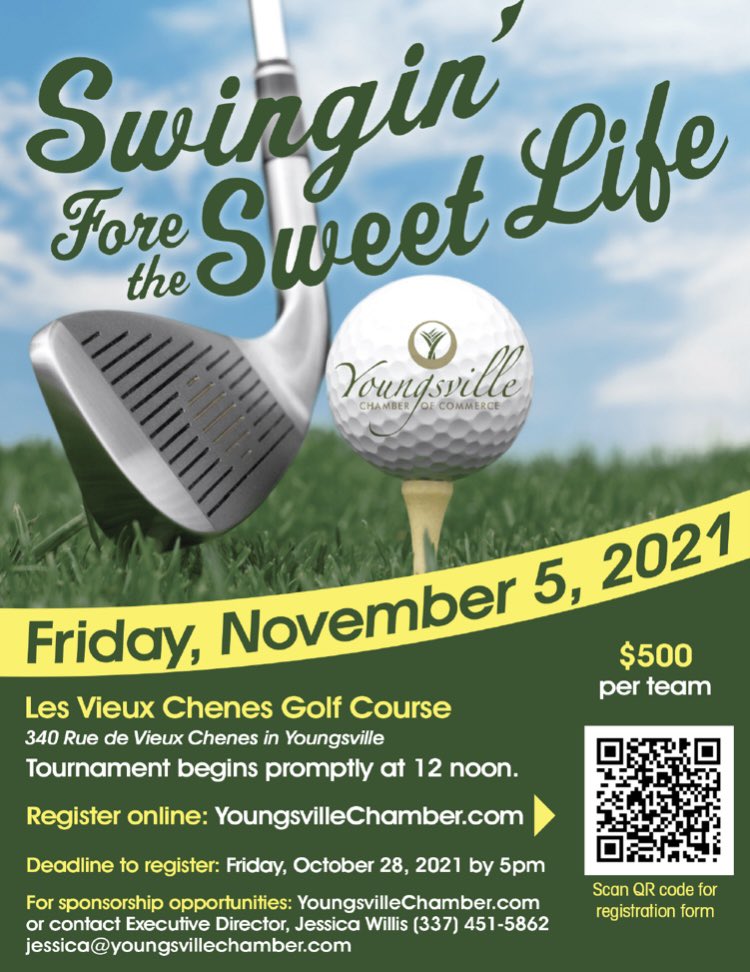 YoungsvChamber's tweet image. Calling all #golfers! We are presenting “Swinging Fore the Sweet Life” and we want YOU to join us. Register your team today or contact us about being a sponsor! #golf #youngsville #fore #holeinone #onthegreen #golfing