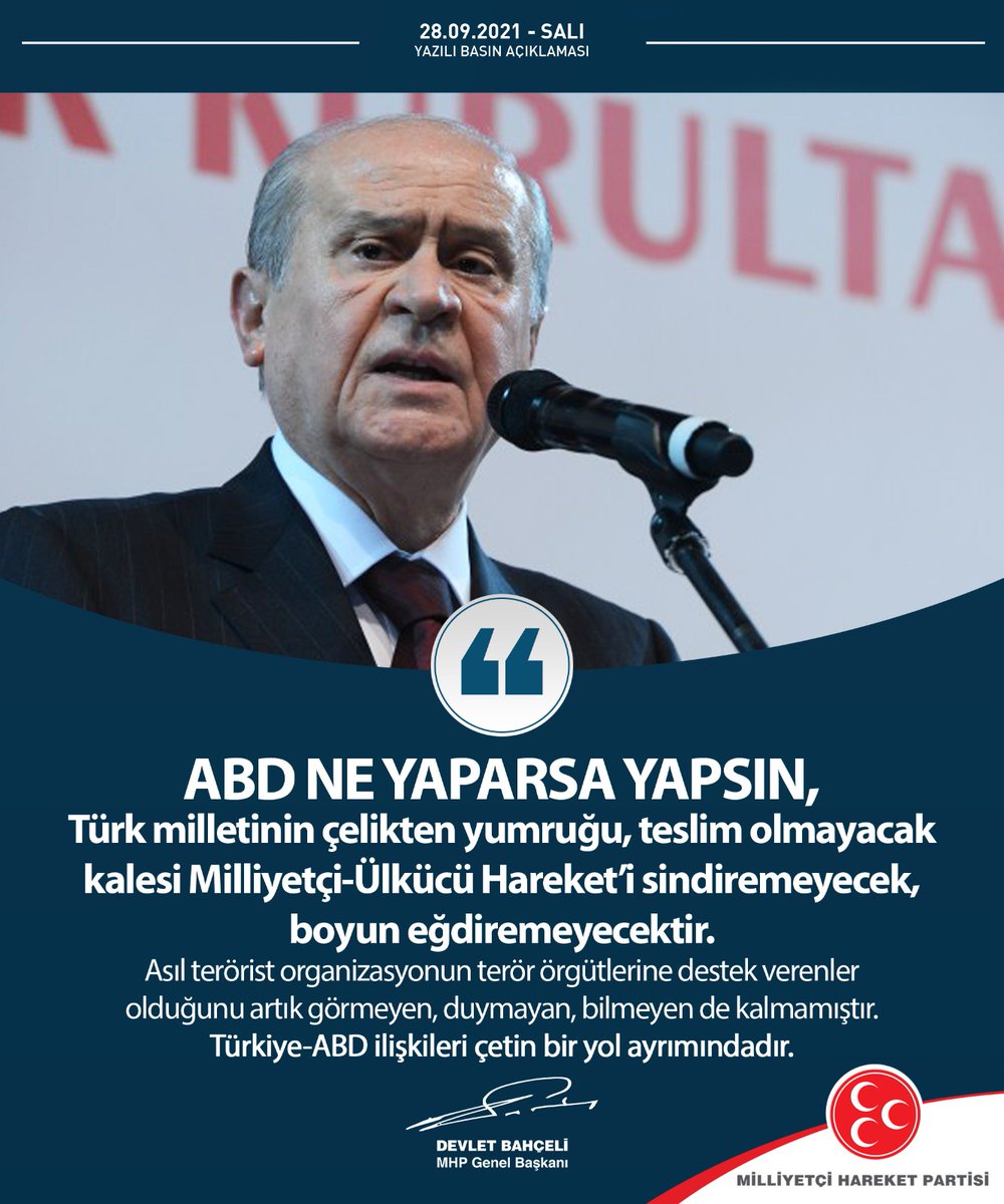 MHP_Bilgi's tweet photo. ABD ne yaparsa yapsın, Türk milletinin çelikten yumruğu, teslim olmayacak kalesi Milliyetçi-Ülkücü Hareket’i sindiremeyecek, boyun eğdiremeyecektir.

MHP Genel Başkanı
Devlet BAHÇELİ https://t.co/5S6Y65zH9p