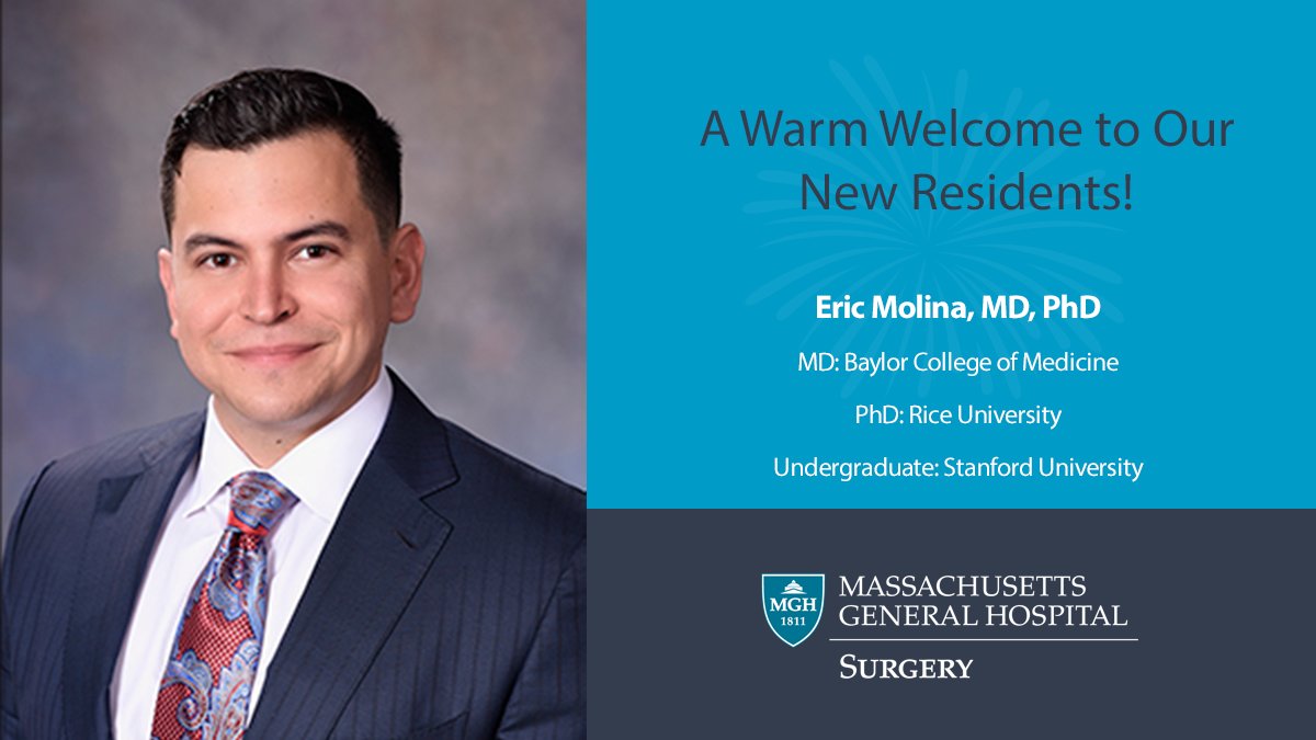 MGHSurgery's tweet photo. Welcome Eric Molina, MD, PhD, a member of this year’s #MGHsurgery residency class! Dr. Molina joins us from @bcmhouston. His primary interests are interventional radiology, interventional oncology, device engineering and advocacy. Thrilled to have you, Dr. Molina! #medtwitter https://t.co/C5YBs5hOOo