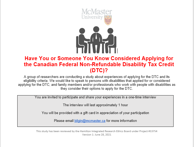 HGulka's tweet photo. Have you or someone you know considered applying for the Canadian federal non-refundable disability tax credit?
Image description: A McMaster University study recruitment poster. At the top is clipart of 3 people sitting at a table. Below the title is in red and details in black. https://t.co/Aka3Zn5M5J