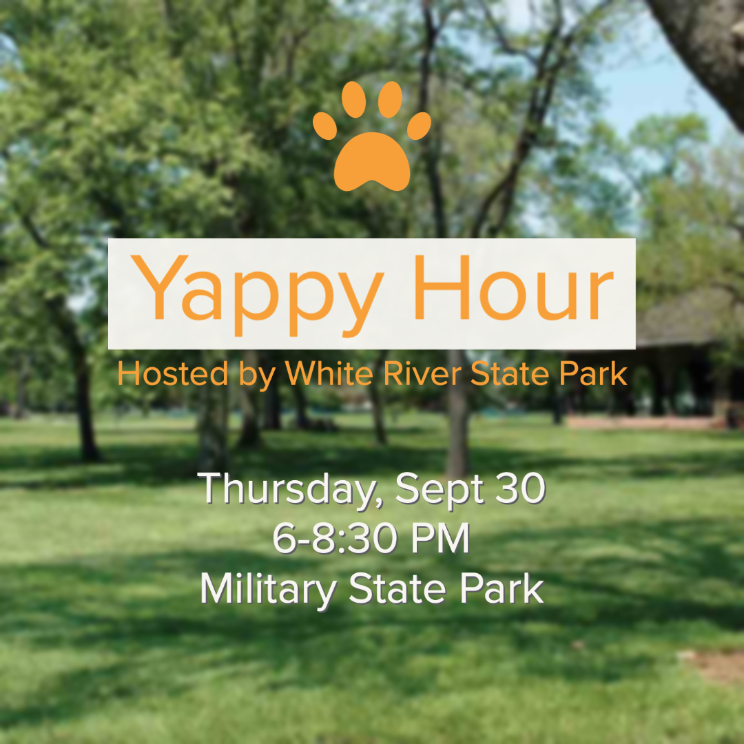 🐾 This Thursday from 6-8:30pm! 🐾 Join us for another great #YappyHour, hosted by White River State Park. Bring your pack and have fun with some yard games, beer/wine, food, and a variety of great pet vendors. 👉 See you at Military Park #furrpetspa #dogfriendlyindy