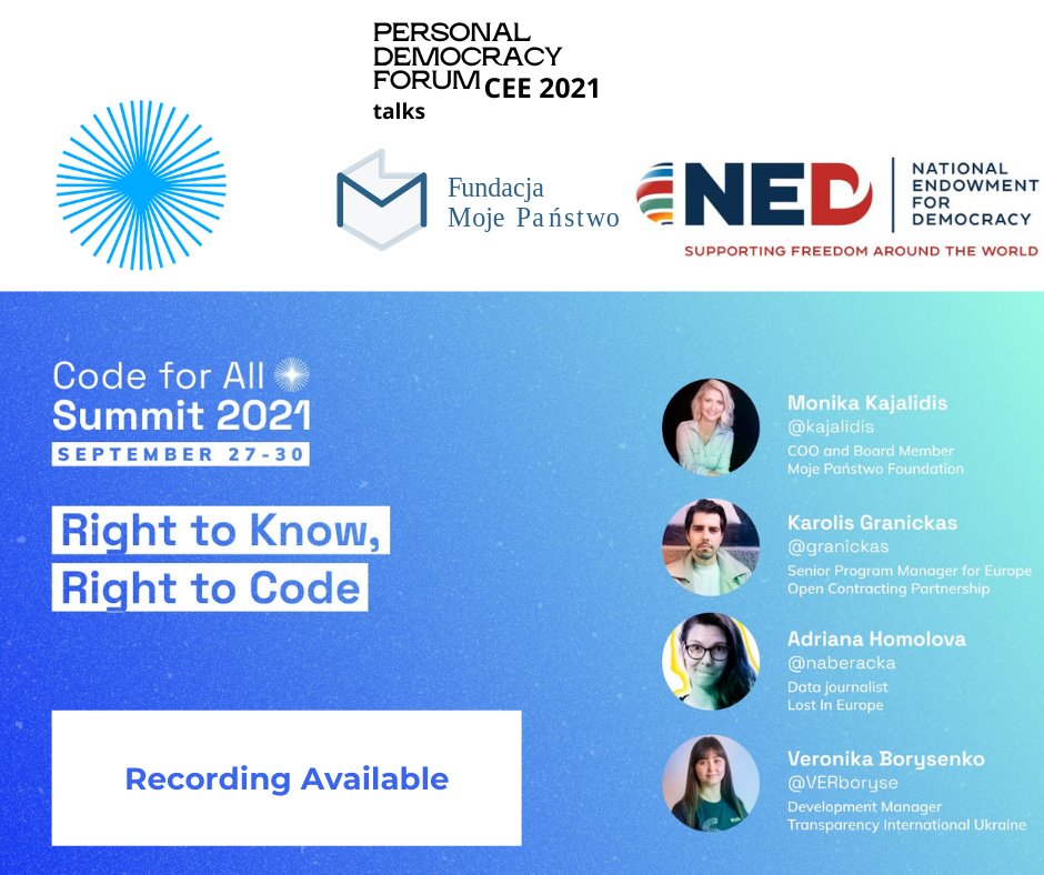 What a great discussion we had! 
If you couldn't join us live for "Right to know, Right to Code" , please watch the recording : bit.ly/3CUUA0c
Thank you <a href="/CodeforAll/">Code for All</a>  and our amazing Panelists: Karolis Granickas , Adriana Homolova , Veronika Borysenko for your insights!