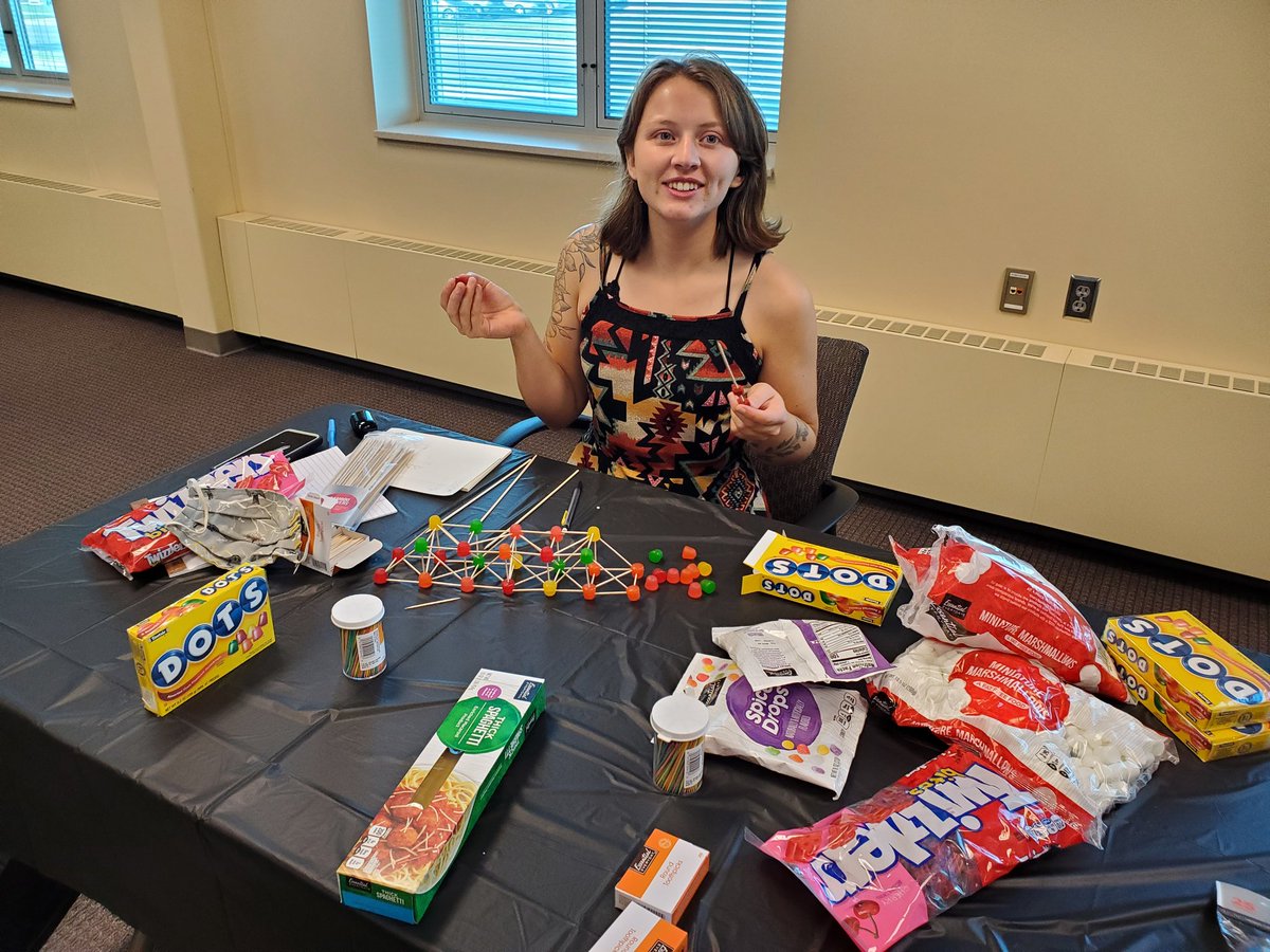 NDEPSCoR's tweet photo. Our student workers have the best job! Today Tia is using candy, toothpicks, and bamboo skewers to build bridges for some upcoming outreach and STEM at Home videos!! #bestjob #STEM #candybridge #outreach #Engineering https://t.co/0O4MMu5XBo