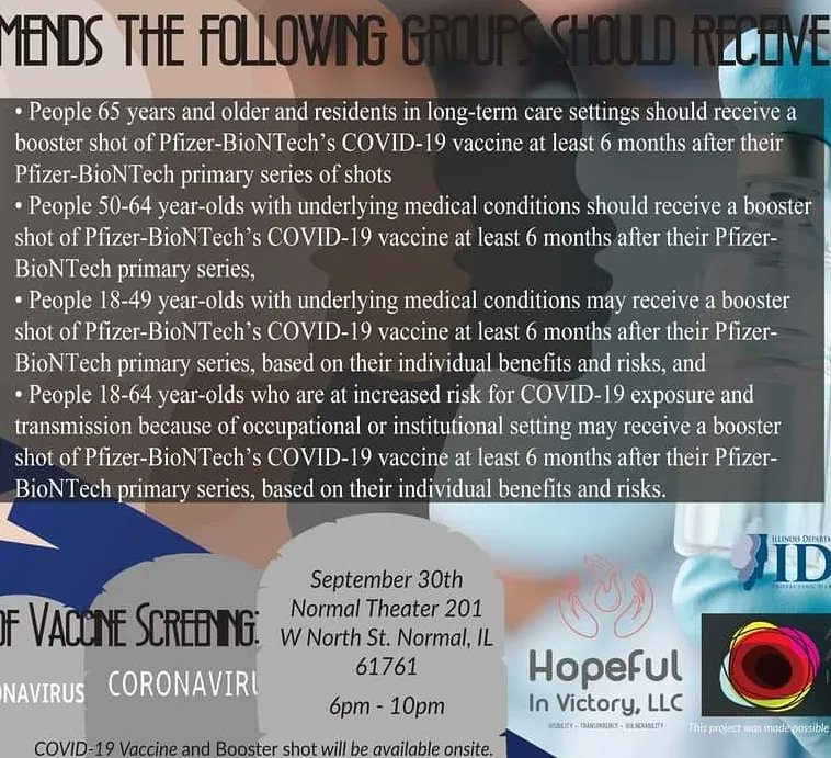 blmspi's tweet photo. Check out this great event in Normal, IL. The vaccine &amp; booster shots will be administered/provided by IDPH: Community Partner Vaccines Clinics. Please have proper identification and record of your vaccine series. #ReTweetForSupport #CommUNITY #ColorOfVaccine #BlackLivesMatter https://t.co/wCDqN7liIi