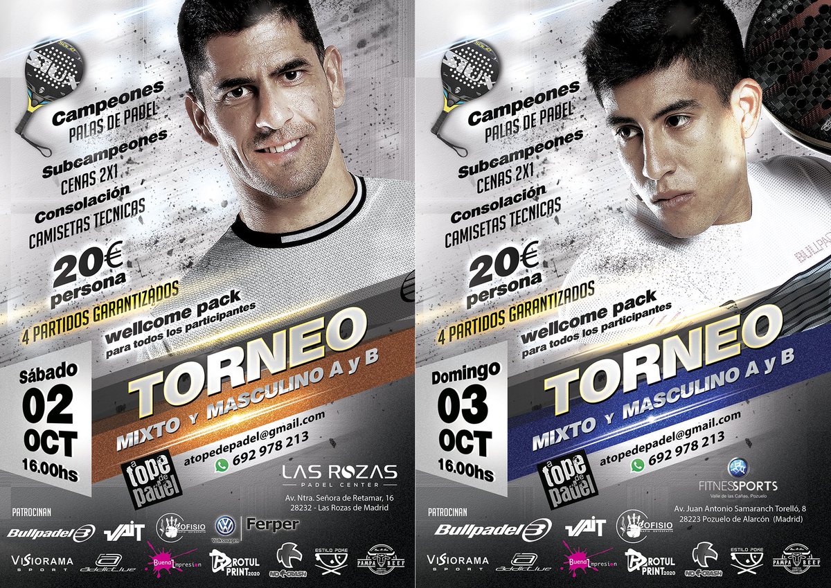 ATopeDePadel's tweet photo. 🎾Sábado 2/10 Torneo Mixto &amp; Masculino 16hs en @lasrozaspadelcenter (Las Rozas):
https://t.co/71QwS2J3AH
🎾Domingo 3/10 Torneo Mixto &amp; Masculino 16hs en las pistas del Valle de las Cañas @fitnessports_es (Pozuelo de Alarcón):
https://t.co/6Mofwsq0pI 
👉@ATopeDePadel 692978213 👈 https://t.co/uaWjjuHpXk