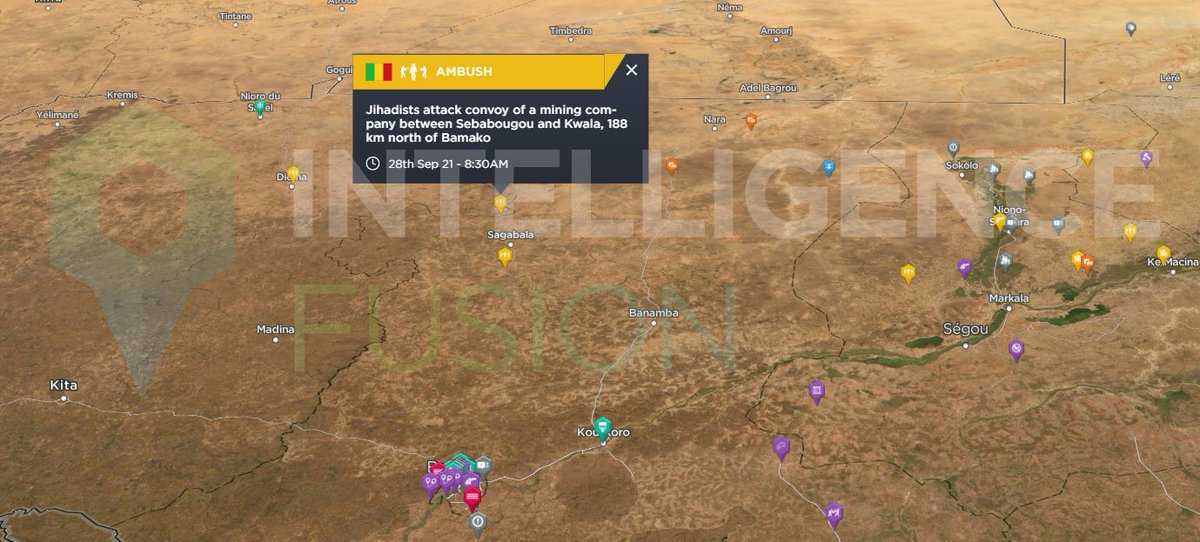 🇲🇱 #Mali - Jihadists attack convoy of a mining company, 188km north of #Bamako
- Incident occurred between Sebabougou and Kwala
- #FAMa Malian Army were escorting convoy
- 5 people killed and 4 wounded
- 11 trailers were burned

Map via <a href="/IntellFusion/">Intelligence Fusion</a>: intelligencefusion.co.uk
