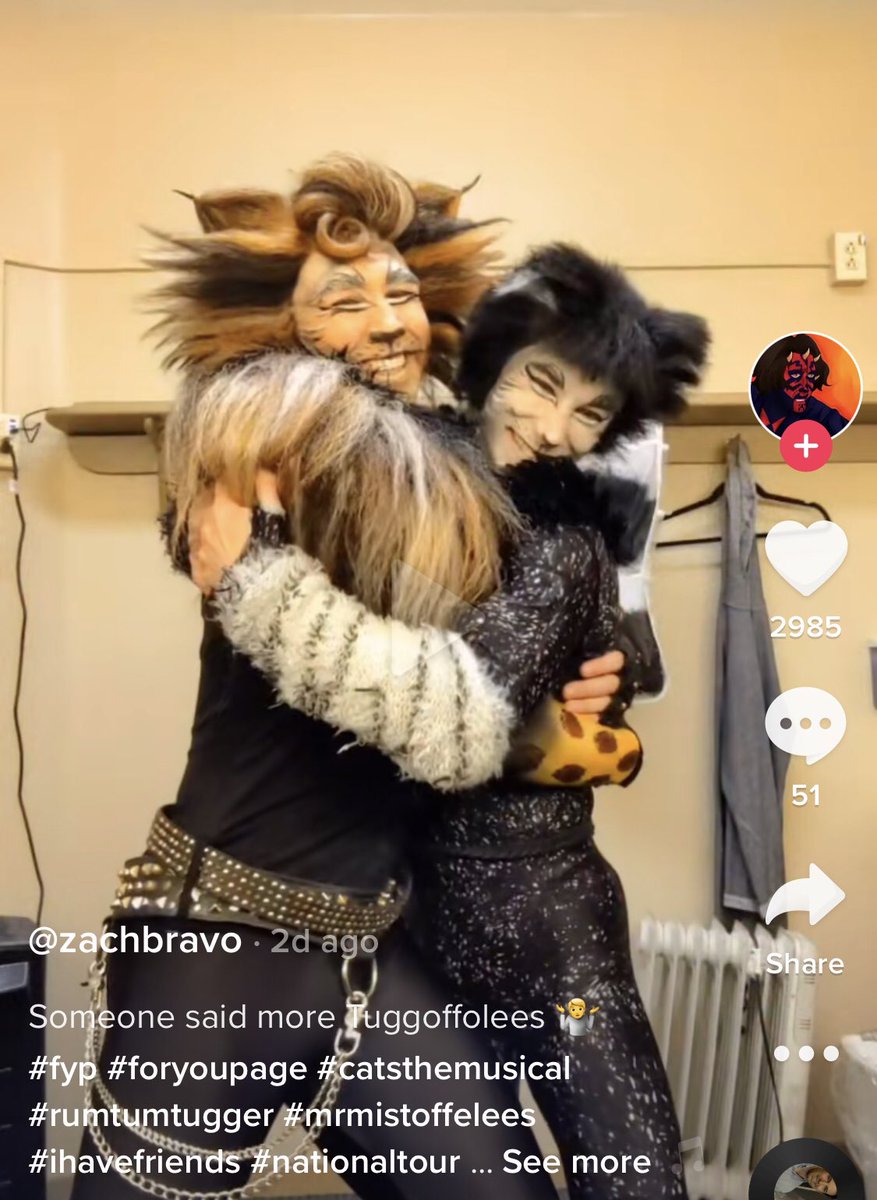 Zach Bravo (actor for RTT in the new north american cats tour) is a treasure and a blessing to the cats community and RTT and tuggofolees stans everywhere tbh. Man really outright said Tuggoffolees Is canon. No beating around the bush. Kingly shit going on rn.