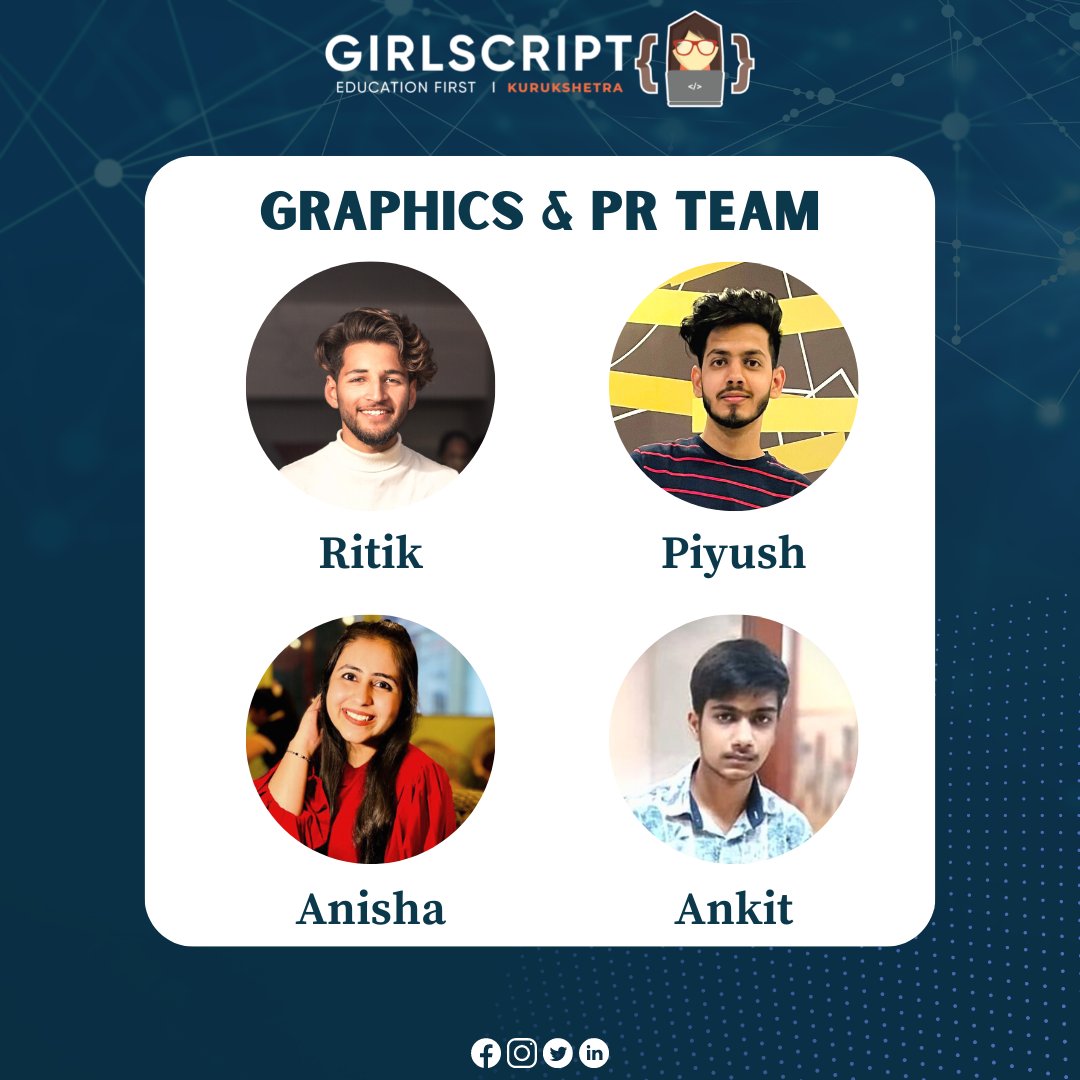 GirlScriptKuru1's tweet photo. Congratulations and Welcome aboard Y'all.
.
Core Team for the year 2021-2022
- Content Team
- Graphics &amp; PR Team
.
#GirlScript
#GirlScriptFoundation
#GirlScriptKurukshetra https://t.co/nAy1f7jsKT