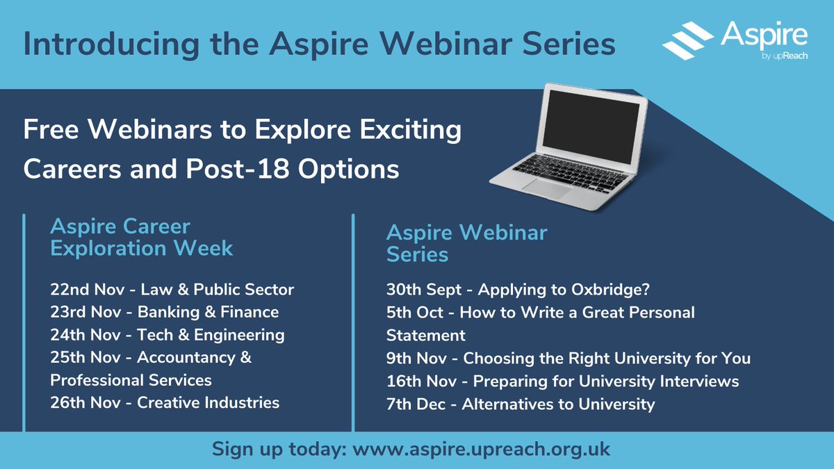 upReach is excited to announce that, following the success of the third issue of our Aspire Guide, this week we will be launching our inaugural Aspire Webinar Series, including a Career Exploration Week! (1/6)