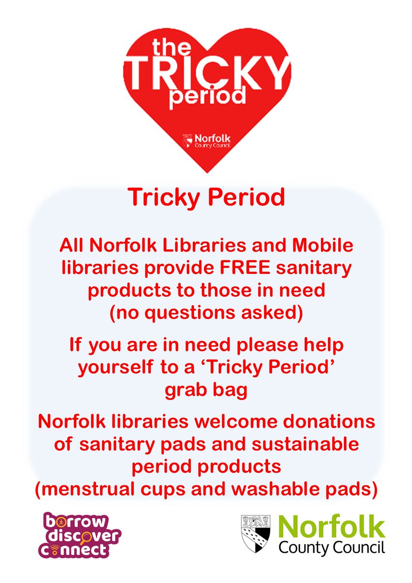 NorfolkLibs's tweet photo. From 1st Oct. we are restarting donations of period products to libraries for our #TrickyPeriod service. Details in the attached image. Please share #PeriodPoverty #Kindness #HealthyLibsNFK #Support #Share https://t.co/ZZnLZtyzRE