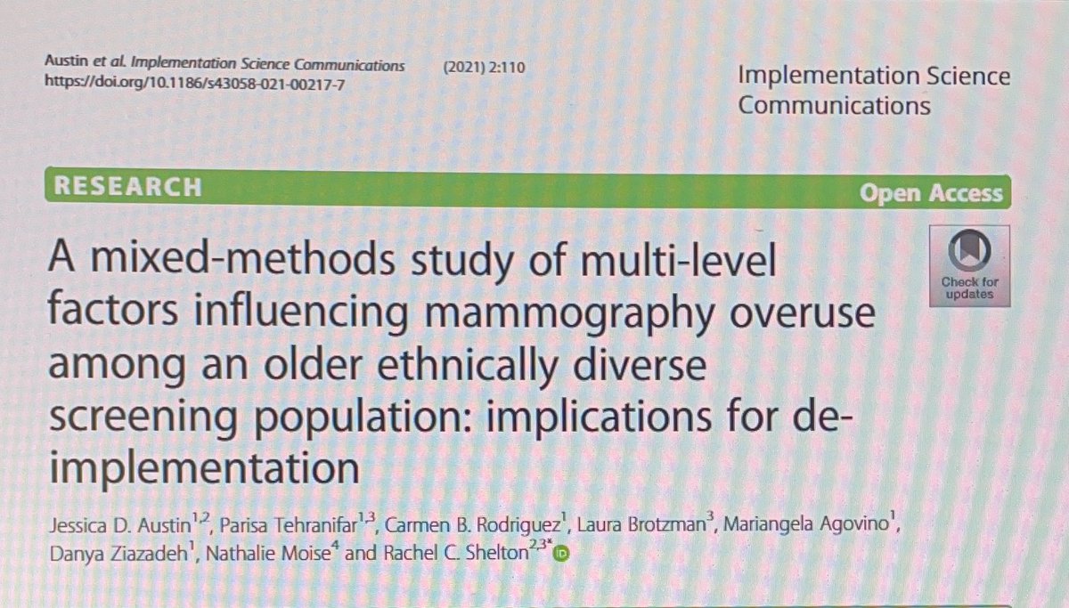 Dr_JAustin's tweet photo. Check out our new article in #impscicomms about multilevel factor impacting de-implementation of mammography screening! Miss this great team! @DrRachelShelton @Parisa_Teh @nmoise_md @BrotzmanLaura https://t.co/Igolp8HLv8