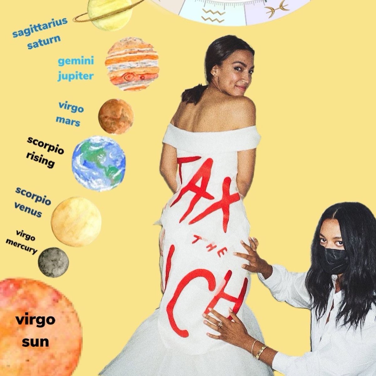 6thousestellyum's tweet photo. AOC: Controversy of the 12th House

I’ve been thinking a lot about AOC’s decision to wear her ‘Tax the Rich’ 👗 to the Met Gala — a political statement turned satirical 

Alexandria Ocasio-Cortez was born on October 13th, 1989, making her a Libra ♎️ https://t.co/1SRl3SU18I