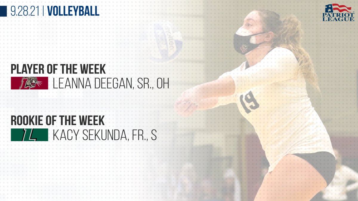 🏐 #𝗣𝗮𝘁𝗿𝗶𝗼𝘁𝗩𝗕 𝗣𝗹𝗮𝘆𝗲𝗿𝘀 𝗼𝗳 𝘁𝗵𝗲 𝗪𝗲𝗲𝗸 - 𝟵.𝟮𝟴.𝟮𝟭

Lafayette and Loyola Maryland split this week's set of awards. Deegan and Sekunda were both named player and rookie of the week, respectively, on September 14, 2021.

📰 bit.ly/3B3ABMp