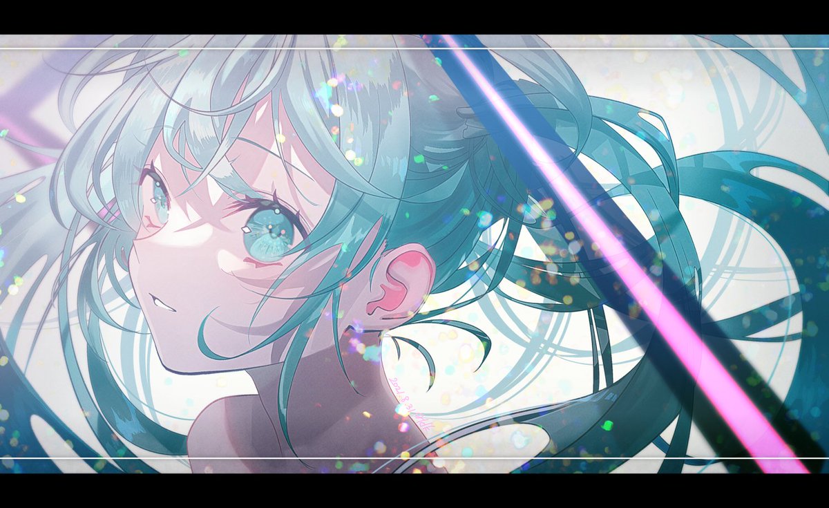 hatsune miku 1girl solo long hair twintails letterboxed looking at viewer parted lips  illustration images