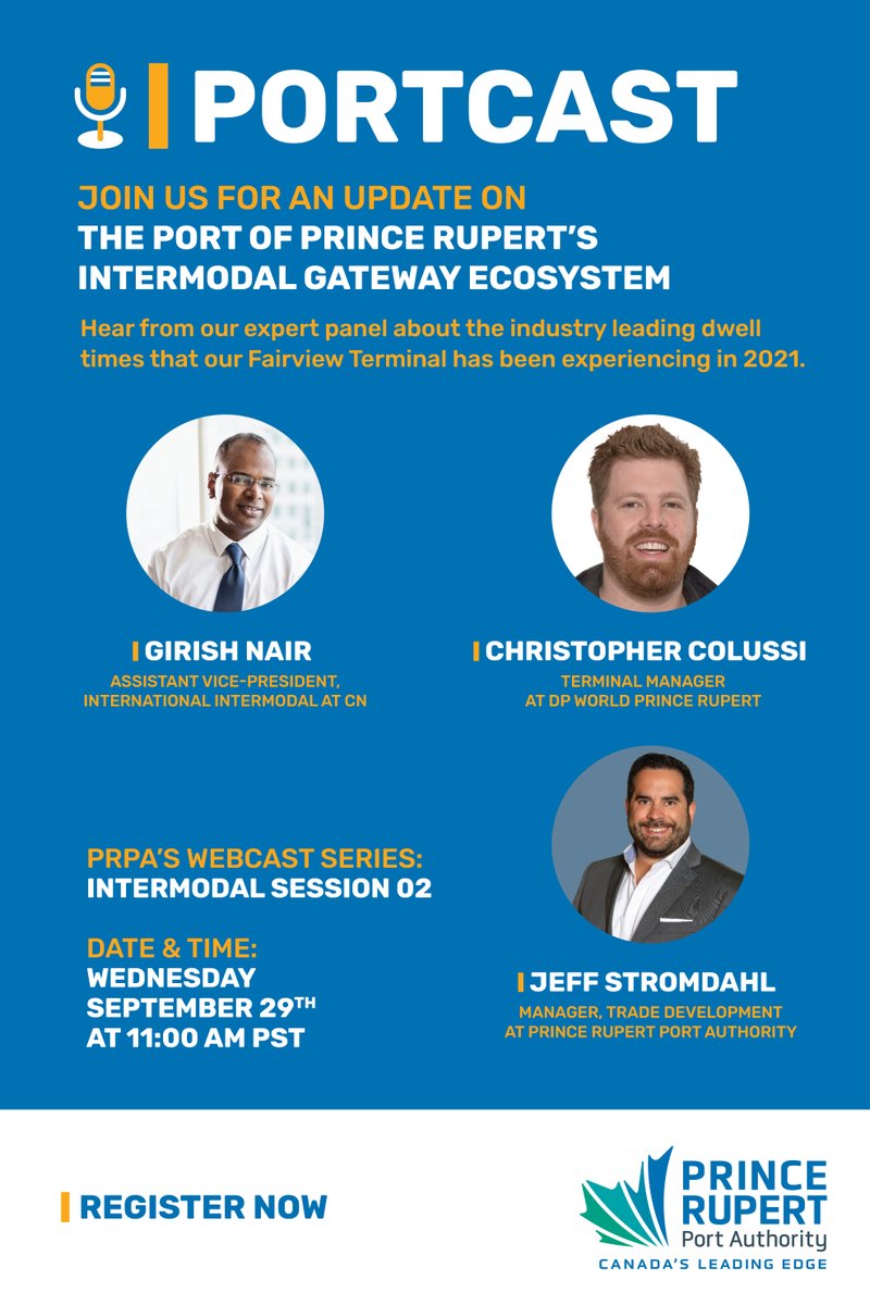 CNRailway's tweet photo. CN's Girish Nair, Assistant VP of International Intermodal, will be participating in @rupertport's Portcast webinar discussing #PrinceRupert's #intermodal gateway and the @DpworldCanada Fairview Container Terminal tomorrow at 11:00am PST. 
Register here: https://t.co/2hC1XsIM5k https://t.co/dRdv6v3yyV