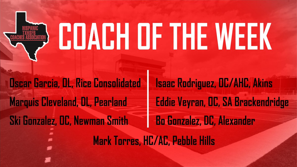 HispanicTXHSFB's tweet photo. COACH OF THE WEEK- This week's group of honorees includes a couple of trenchmasters along with some coordinators and a head coach on the rise!  Congrats to each of you and your teams on their success during Week 5 of Texas HS Football! #HTXHSFBCACoachOfTheWeek #Órale https://t.co/LRqc6M3Gmp