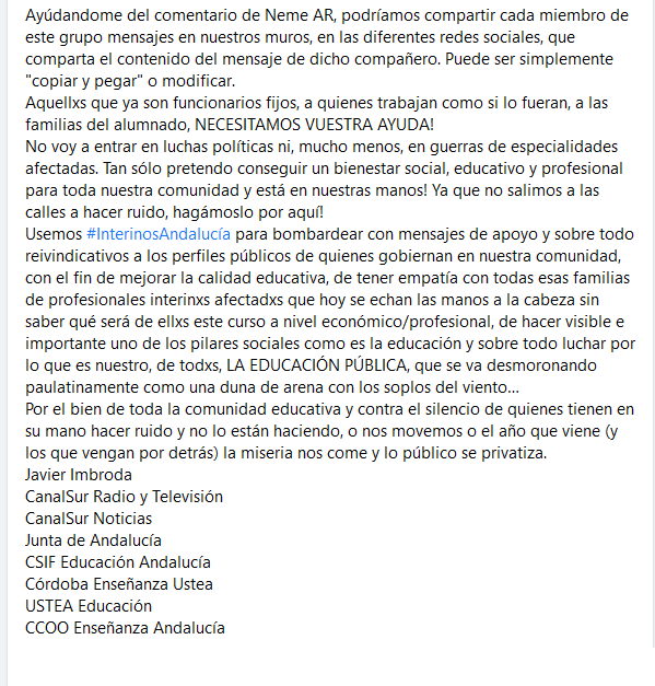 maestra_gui's tweet photo. Acabo de ver este comentario en FB y os lo traigo por si queréis compartir, Aunque lo suyo es más de parar un país con una Huelga general. Basta ya de sectores, NOS TOCAN A UN SECTOR  Y TOCAN A TODOS. si queréis copiar texto, aquí  #InterinosAndalucía cc/ @javierimbroda https://t.co/kOTbFZJoop