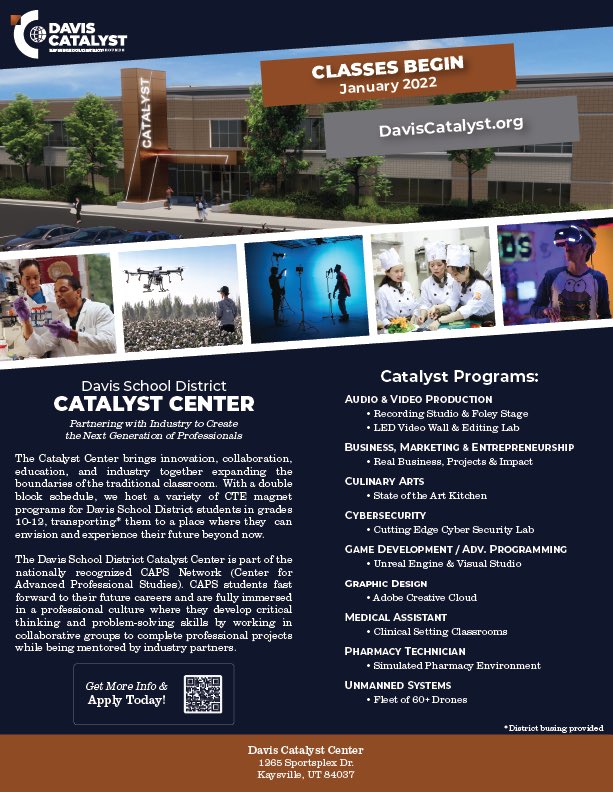 Drones, video &amp; audio production, culinary arts, entrepreneurship, and computer science. So many possibilities at The Catalyst!!!! #teachindavis #capsnetwork  visit our website @ daviscatalyst.org