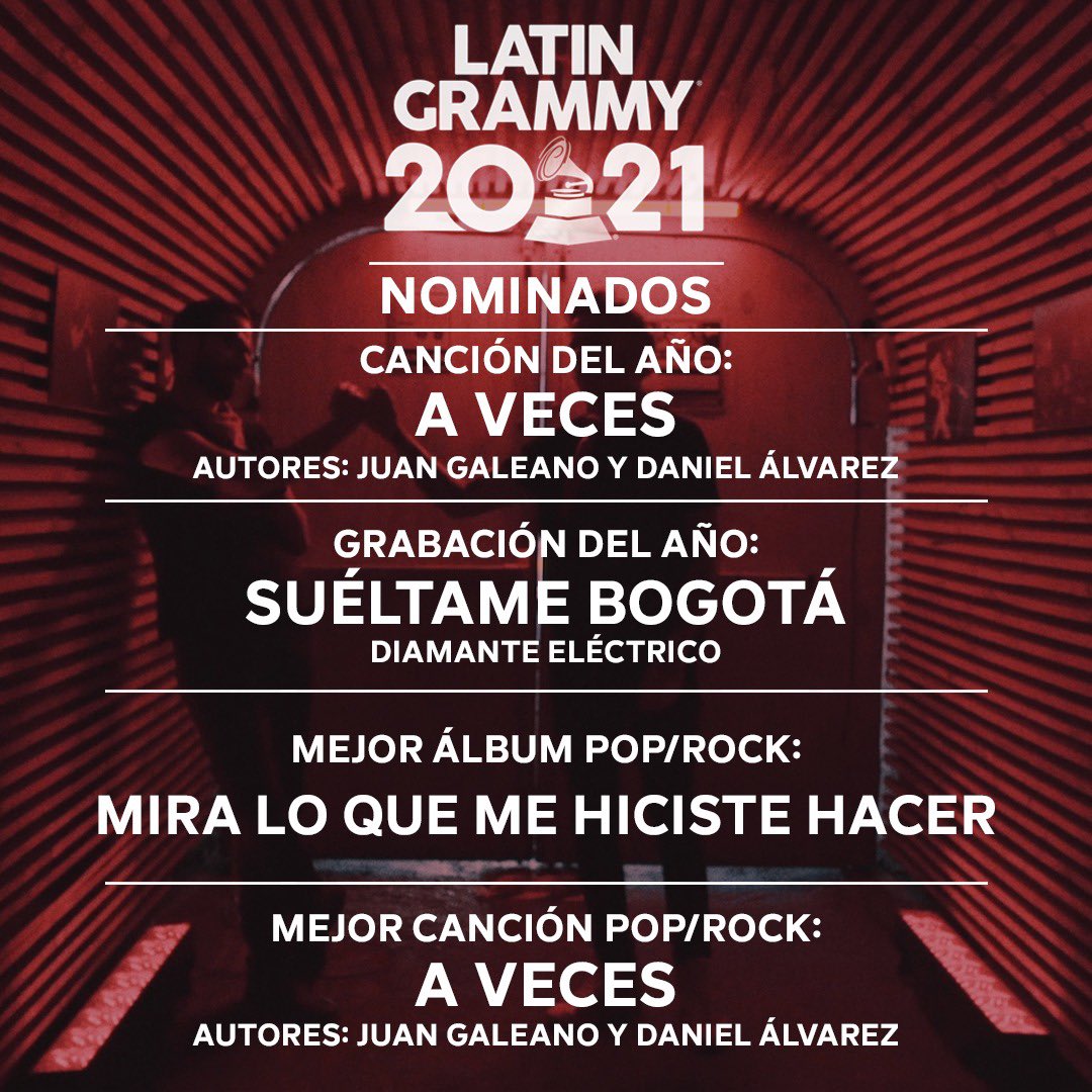 Juangaleano's tweet photo. 4 nominaciones para nuestro Diamante este año en los @LatinGRAMMYs entre ellos grabación del año y canción del año, esto es gigante para nosotros, qué discazo nos hicimos carajo, saluuuuuud 🖤 https://t.co/Eb3TExfiXW