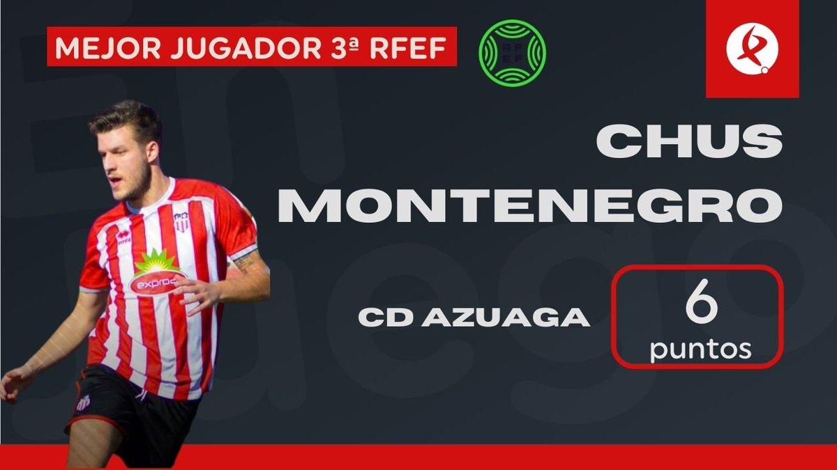 🏆𝙋𝙍𝙀𝙈𝙄𝙊 𝙀𝙅 𝙈𝙀𝙅𝙊𝙍 𝙅𝙐𝙂𝘼𝘿𝙊𝙍 3ª 𝙍𝙁𝙀𝙁 |

📝Actualizamos clasificación tras la jornada 3

🥇 CHUS MONTENEGRO, del <a href="/cdazuaga/">CD Azuaga</a>, 6⃣ puntos 

🥈 <a href="/Davidlopezb7/">David Lopez Bravo</a>, del <a href="/MORALO_CP/">MORALO CP</a>, 6⃣ puntos

🥉 Carlos Cinta, del <a href="/CD_DonAlvaro/">C.D.Don Álvaro</a>, 6⃣ puntos