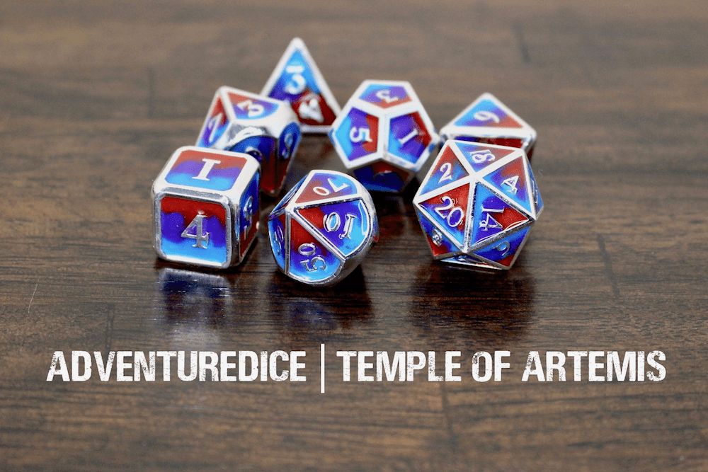 Goddess of the hunt and the moon.

Temple of Artemis metal polyhedral dice set are silver with a hand-painted red, purple, and blue inset. 🎲 adventuredice.ca/product/dg1012…