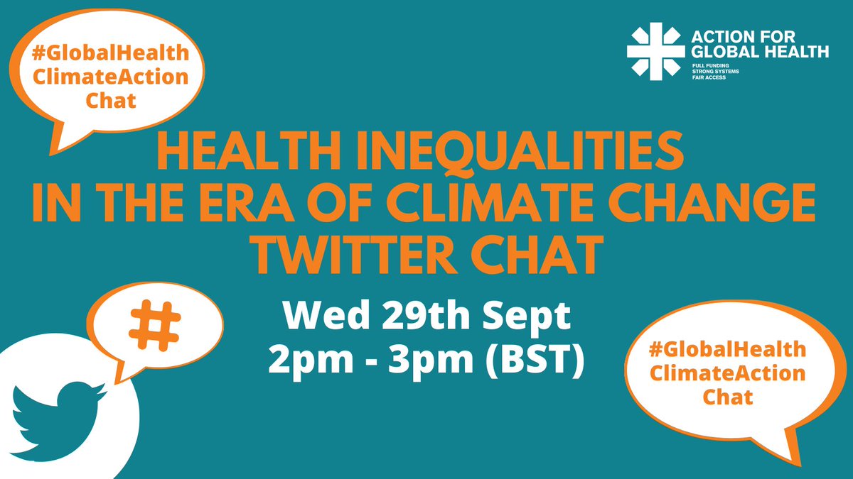 AFGHnetwork's tweet photo. Join us TOMORROW, 2pm-3pm (BST) for a Twitter Chat after our webinar: "A Time of Crises: Health Inequalities in the Era of Climate Change" to discuss key takeaways about #ClimateChange affecting health.
Don't forget to use the hashtag: #GlobalHealthClimateActionChat to join in! https://t.co/5AwKLNnskq