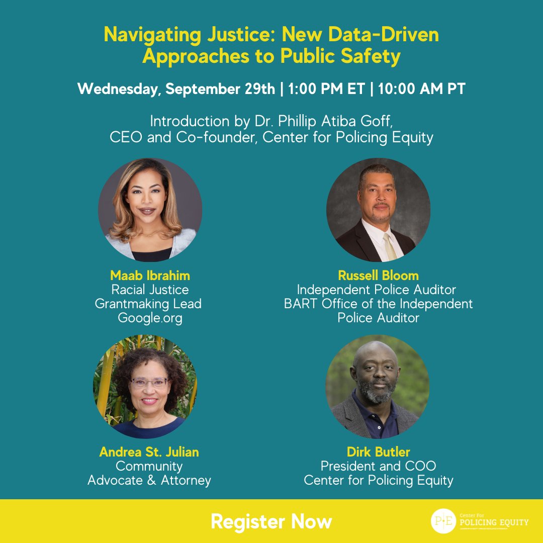 📢 On Wed., 9/29 at 1pm ET, CPE’s <a href="/DrPhilGoff/">Phillip Atiba Goff</a> + Dirk Butler, community advocate Andrea St. Julian, <a href="/Googleorg/">Google.org</a>’s <a href="/MaabIbrahim/">Maab Ibrahim</a> + <a href="/SFBART/">BART</a>’s Russell Bloom will share their insights on using #dataforgood to advance equitable #policing bit.ly/3AwPCWo