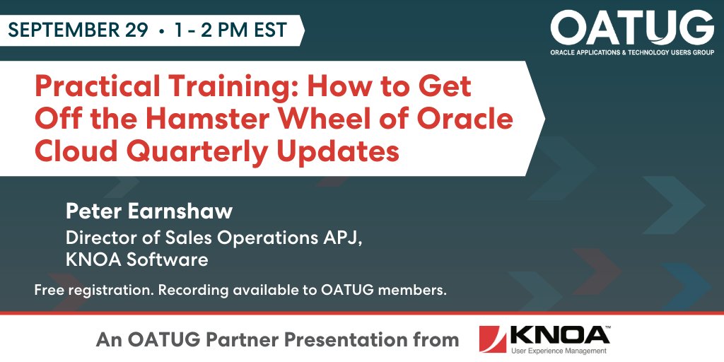 OATUG1's tweet photo. If quarterly #Oracle updates have you feeling like you're on a change management hamster wheel, join us tomorrow for practical tips and tools.
9/29, 1 pm ET
https://t.co/inj9vxc5Jc
#CloudERP #OracleCloudApplications #CloudEPM #ERPCloud #EPMCloud #SCMCloud #HCMCloud #CloudHCM https://t.co/WRrz2HyrY4