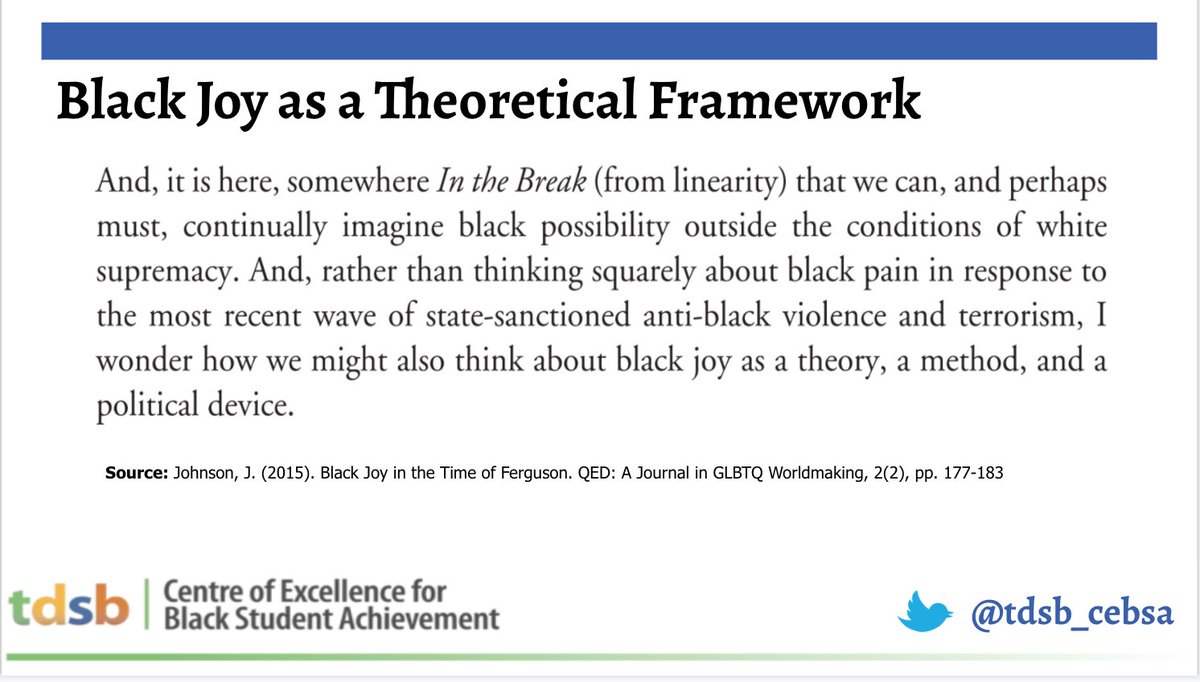 K-12 coaches @tdsb_cebsa has called on educators to position Black Joy in their pedagogy. As many read the quote from @javonism piece, they were also tasked with thinking about the unlimited possibilities of building positive racial identity within instructional programming.